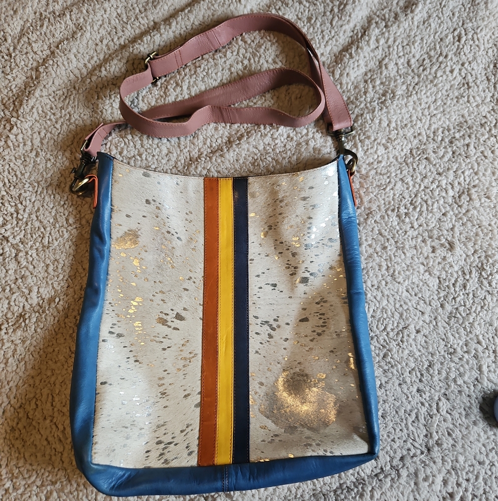 Leather and Haircalf Crossbody Bag in Blue, Pink & Multi-Stripe